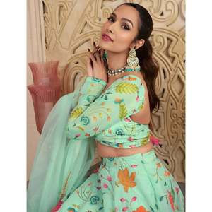 Ensemble Lehenga Choli en organza imprimé floral vert pour femmes avec dupatta - Product Image 1