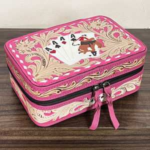 Elegant Low Price Handcrafted Floral <b>Pink</b> Leather Makeup organizer Jewelry Case Genuine Leather Poker Card Travel Jewelry <b>Box</b> - Product Image 4