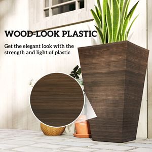Jardinières modernes en plastique imitation bois de grande taille 28 pouces, pots à fleurs marron pour extérieur (lot de 3) - Product Image 6