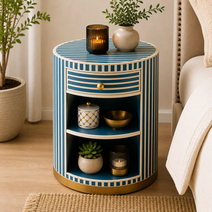 Elegant Blue Resin Bone Inlay Nightstand With Drawer Shelf Luxury Cabinet <b>Bedside</b> End <b>Table</b> For Bedroom Hotel Chic Home Interior - Product Image 5