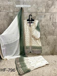Salwar Kameez Crema y Verde con Dupatta Bordada para Mujer, Traje Tradicional de Boda, Corte Regular, Reversible - Product Image 1