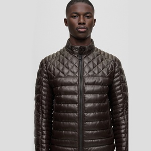 <b>Men's</b> Black <b>Leather</b> Quilted Moto <b>Jacket</b> Stand Collar Zipper Closure Windproof Winter Wear Slim Fit Regular Length Plus size <b>men</b> - Product Image 2