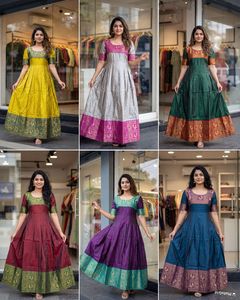 Vestidos Anarkali de Seda Morada con Borde Bordado en Verde Azulado, Ropa Tradicional India para Mujer, Largos hasta el Suelo, Corte Holgado, Atuendo Informal - Product Image 6