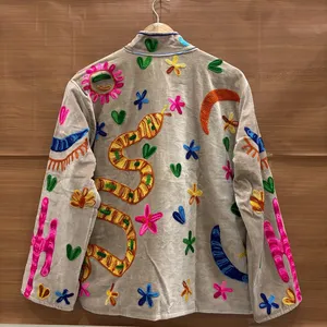 Luxury Khaki <b>Velvet</b> Embroidered Suzani <b>Jacket</b> With Snake Floral Pattern Full Sleeve Stand Collar Handmade Bohemian Winter Coat - Product Image 2