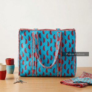 Bolsa de Mano Acolchada de Algodón Hecha a Mano, con Estampado de Bloques de Jaipur, Gran Capacidad, Ecológica, para Compras - Product Image 2