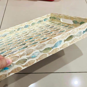 Blue Mother of Pearl Serving <b>Tray</b>: Handmade Nacre Coffee Table <b>Decor</b> Fish Pattern - Product Image 4