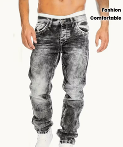 Pantalon Harem Streetwear pour Homme en Coton Denim Imprimé Gaufré Dégradé Taille Haute Coupe Ample Style Automne Délavé au Sable - Product Image 1