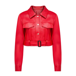 Veste en cuir PU rouge pour femme, coupe courte, col rabattu, simple boutonnage, ceinture, design personnalisé, logo personnalisé - Product Image 1