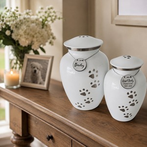 Urne funéraire artisanale blanche pour cendres d'animaux de compagnie (chien, chat) - Souvenir commémoratif en métal avec empreintes de pattes, étiquette personnalisée - Product Image 4