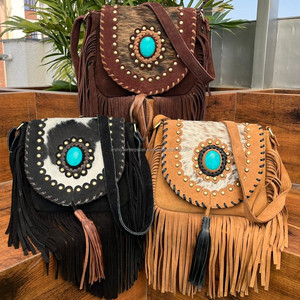 Nouveau Style occidental cheveux sur cacher fourrure daim cuir frange sac haute qualité Boho femmes sac à bandoulière en cuir avec pierre Turquoise - Product Image 4