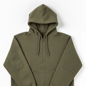 Sudadera con Capucha y Media Cremallera para Hombre, Color Verde Oliva, Corte Regular, Felpa Francesa, Informal, con Bolsillo Delantero, para Invierno - Product Image 1