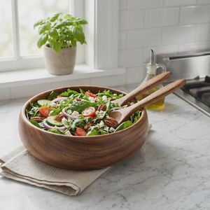 Ensemble de saladiers artisanaux en bois d'acacia hawaïen – Bol de service en bois de 10 pouces avec ustensiles – Cadeau de cuisine écologique - Product Image 4