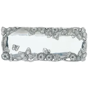 Plateau décoratif carré en métal argenté avec motif floral gravé, poignée de style traditionnel pour la décoration intérieure, style corde rustique français - Product Image 2