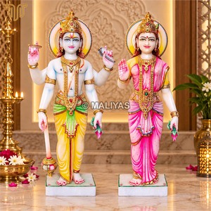 Statue de Laxmi Narayan en marbre |   Murti artisanal Vishnu Lakshmi, couple debout, avec travail en or |   MALIYAS Jaipur - Product Image 3