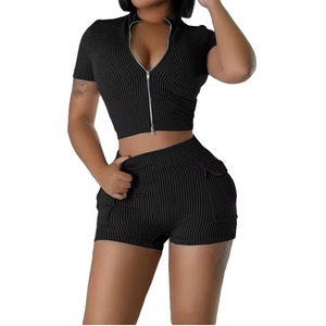 Plus Size Women's Striped Knitted Crop <b>Top</b> Set Short Sleeve V-Neck Shorts Outfit Summer Casual Wear - Product Image 4