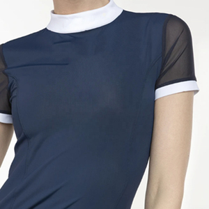 Camisa de equitación para mujer, corte ajustado, que absorbe la humedad, manga corta, color azul marino sólido con ribete blanco - Product Image 4