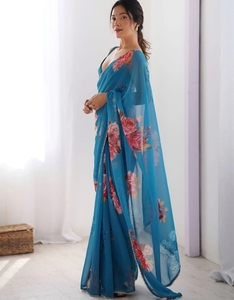 Sari de Rayón Georgette Estampado KV - Sin Arrugas, Reversible, de Secado Rápido, para Fiestas, Bodas, Diwali, Estilo Bollywood - Product Image 3
