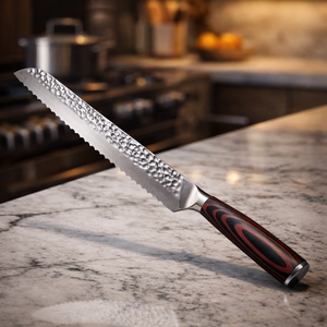 Cuchillo para pan hecho a mano en acero inoxidable con mango de madera y funda de cuero. - Product Image 5