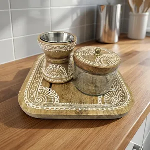 Ensemble brûle-encens en bois style bohème sur plateau carré avec motifs floraux blancs peints à la main, coupelle en métal et pot de rangement en acrylique - Product Image 5