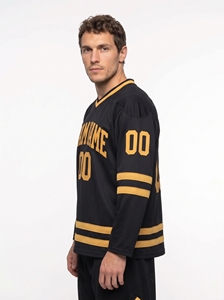 Camiseta de Hockey sobre Hielo Negra y Dorada para Hombre, Cuello en V, Manga Larga, Transpirable, de Malla, 100% Poliéster AR Tex, con Impresión del Nombre del Equipo - Product Image 3