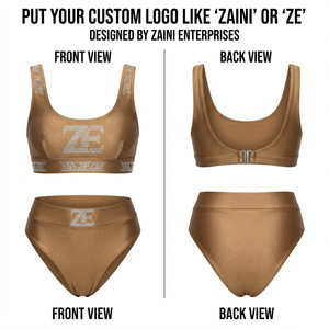 Womens Bathing Suit Premium 230 GSM Nylon Spandex Four Way Stretch <b>Bikini</b> Set Custom <b>Rhinestone</b> Heat Transfer Logo Brown Swim - Product Image 1