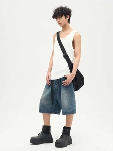 Pantalones Cortos de Mezclilla para Hombre, Estilo Urbano, Ecológicos, Corte Recto Holgado, Colección de Verano, Tejido de Punto, en Tonos Claros y Oscuros - Product Image 2