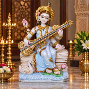 Estatua de mármol de Saraswati sentada |   Murti de Maa Saraswati |   Ídolo de la Diosa Saraswati para Templo y Hogar por MALIYAS Jaipur - Product Image 1