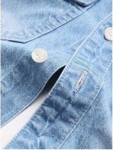 Chemise en jean bleu clair pour homme, manches longues, couleur unie, col rabattu, respirante, coupe classique, délavage à la pierre, bords bruts, poches - Product Image 4