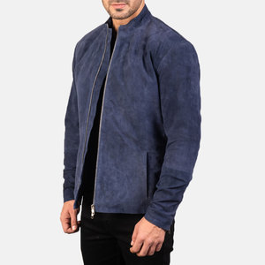 <b>Men's</b> Dark Blue <b>Suede</b> Zipper <b>Jacket</b> Stand Collar Casual Slim Fit Autumn Wear - Product Image 2