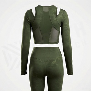 Women's Seamless Camo Yoga Set <b>Long</b> Sleeve Cut Out Crop <b>Top</b> High Waist <b>Leggings</b> Gym Activewear 2 Piece - Product Image 2