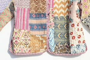 Color Handmade Patchwork Indian Cotton Long <b>Quilted</b> Kantha <b>Jacket</b> for Women Eco-Friendly Windproof Floral <b>Pattern</b> Detachable - Product Image 5