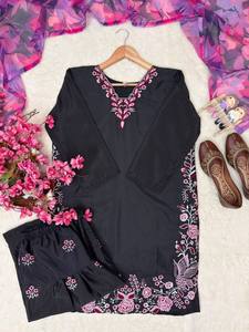 Salwar Kameez en Georgette brodé noir et rose, tenue traditionnelle indienne pour mariage et soirée, pour femmes, coupe ample de haute qualité - Product Image 4
