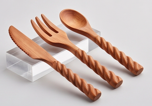 Wooden Flatware <b>Set</b> With Twisted Handle Matte Finish Minimalist Design Reusable For Camping Use Parties And Hotel Use - Product Image 3