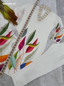 Designer Beautiful Muslin Cotton with Digital Big-Leaf Colorful Print Straight Long <b>Kurti</b>-Dupatta & Plain Pant Set Woman Fashion - Product Image 4