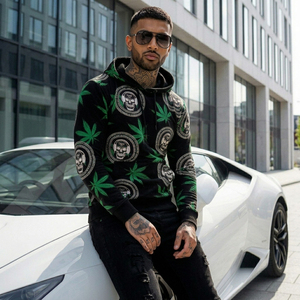 Sweat à capuche noir pour homme, imprimé crâne et feuilles, broderie 3D, en polaire, respirant, streetwear d'automne - Product Image 3