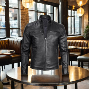 Chaqueta de cuello levantado de cuero Sherpa genuino para hombre Hi Street cierre de cremallera Slim Fit transpirable Viscos forro moda de invierno - Product Image 1