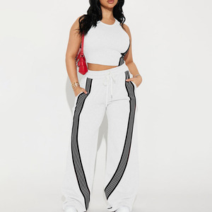 Conjunto de Dos Piezas de Punto Sólido de Diseño Personalizado, Top sin Mangas, Pantalones Largos de Corte Regular, Talla XL para Mujer, Spandex/Algodón, Primavera Verano - Product Image 5