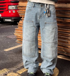 Pantalones Cargo de Mezclilla para Hombre, Lavado Oscuro, Cintura Alta, Corte Holgado, Estilo Utilitario, Algodón de Peso Medio, Color Sólido, para Otoño - Product Image 3