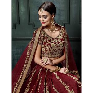 Impresionante ropa de fiesta de diseñador de color granate seda cruda Lehenga Choli - Product Image 4