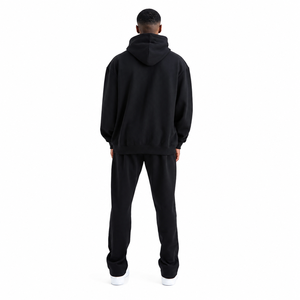 Conjunto Deportivo con Capucha para Hombre, Color Negro Sólido, Corte Holgado, 100% Algodón, Ropa Casual de Otoño con Bolsillos Laterales y Cintura Elástica - Product Image 1