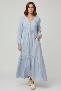 Vestido largo informal de algodón y lino para mujer, estilo bohemio, con cuello en V, manga larga, holgado y fluido, con bolsillos - Product Image 3