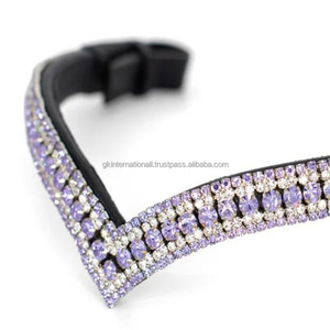 Lavanda personalizada y cristales blancos transparentes brillante diamante Bling decorativo Deep V forma cuero ceja de caballo banda para brida - Product Image 5