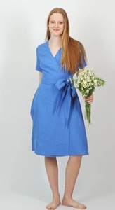 Nouvelle Arrivée Robe de Cérémonie Bleu Bleuet Longueur Genou 100% Coton Col V Coupe Trapèze Habillée pour Femme - Product Image 2