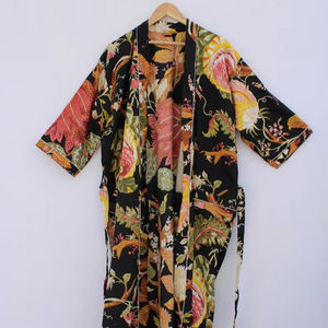 Bata Kimono de Algodón Suave con Estampado de Bloques y Dibujos Animados Naaz para Mujer, Camisón de Verano Hecho a Mano ODM con Cuello en V, Cintura Elástica y Largo hasta la Rodilla - Product Image 1