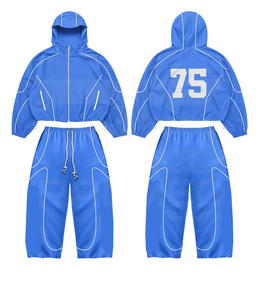 Blue Hooded Tracksuit Set Full Sleeve Zipper Sporty Jogger Loose Fit Breathable Polyester/Nylon Adult Unisex Spring Wear - Product Image 1