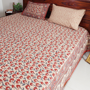 Ivory Tulip Buti Floral Cotton <b>Bed</b> Sheet with Pillow Covers King Size 108 x 108 Inches Hand <b>Block</b> Printed Fabric Natural Dye - Product Image 4