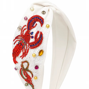 Premium Quality White <b>Beaded</b> Lobster <b>Headband</b> Comfortable Fit Handmade Crystal Embellished Luxury Hairband for Women and Girls - Product Image 1