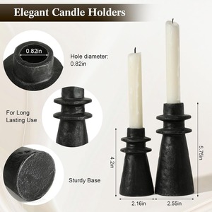 Modern Matte <b>Black</b> Cast Iron <b>Candlestick</b> <b>Holder</b> Set Featuring Distinctive Stacked Tiered Collars For Chic Industrial Decoration - Product Image 2