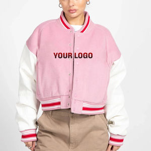 Pink Varsity <b>Jacket</b> With <b>White</b> Sleeves And Red Trim Embroidered Logo Front Preppy Style Autumn Wear Unisex - Product Image 5