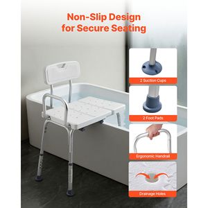 Sedia da doccia resistente con capacità di 180 kg, con braccioli, schienale, fessura per tenda e altezza regolabile, panca di trasferimento per vasca da bagno - Product Image 5